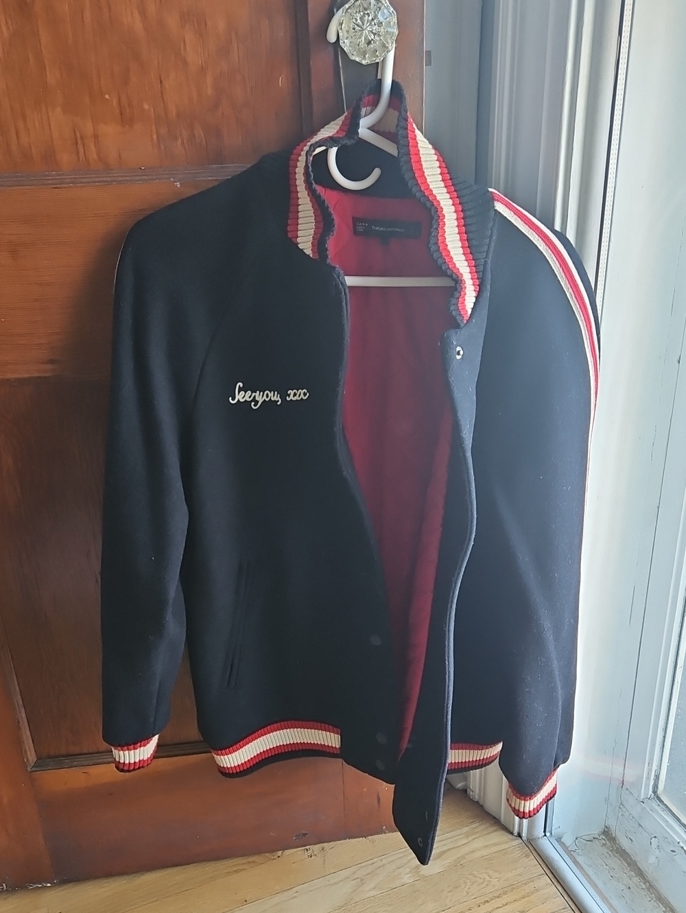 Navy Varsity Bomber Jacket with Red Trim